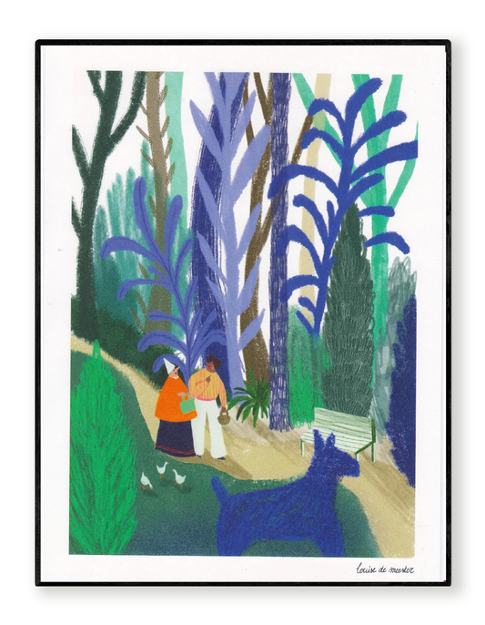 Digital art print "Blauwe Wandeling" by Louise de Meester, featuring two people walking in a lush, colorful park with large blue plants and a playful blue dog. Ideal for whimsical and nature-inspired home decor.