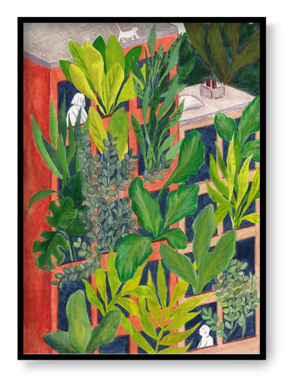 Bloom by Kim Timmermans – botanical illustration of lush green plants surrounding a terracotta building with small white figures at windows, whimsical and vibrant wall art available at Galerie Frits