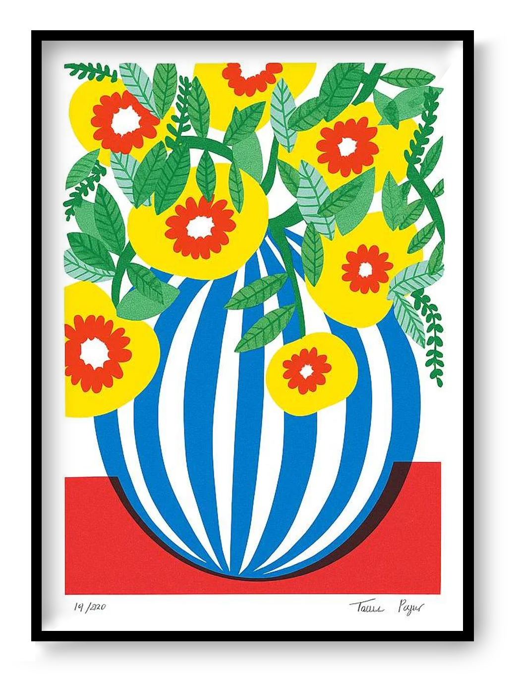 Blue Stripes Pot by Teresa Rego – colorful botanical art print featuring a bold blue-and-white striped vase with vibrant yellow, red, and green flowers, modern floral illustration for home decor, available at Galerie Frits