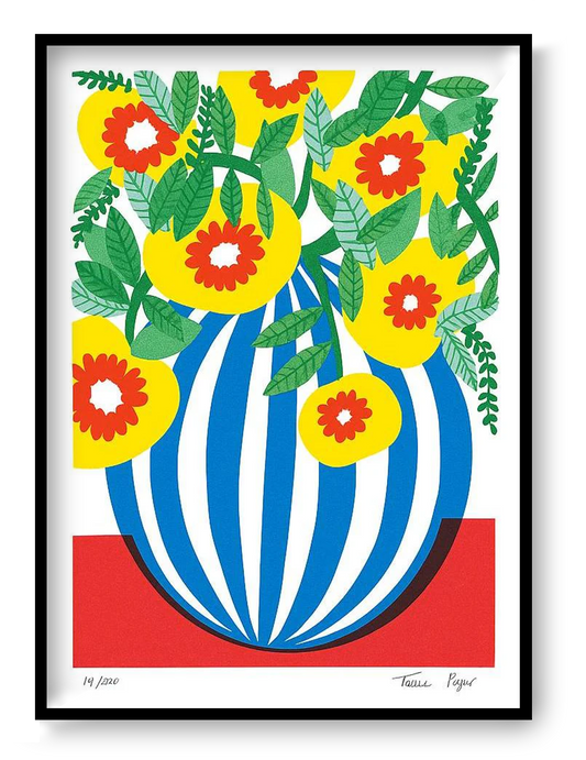 Blue Stripes Pot by Teresa Rego – colorful botanical art print featuring a bold blue-and-white striped vase with vibrant yellow, red, and green flowers, modern floral illustration for home decor, available at Galerie Frits