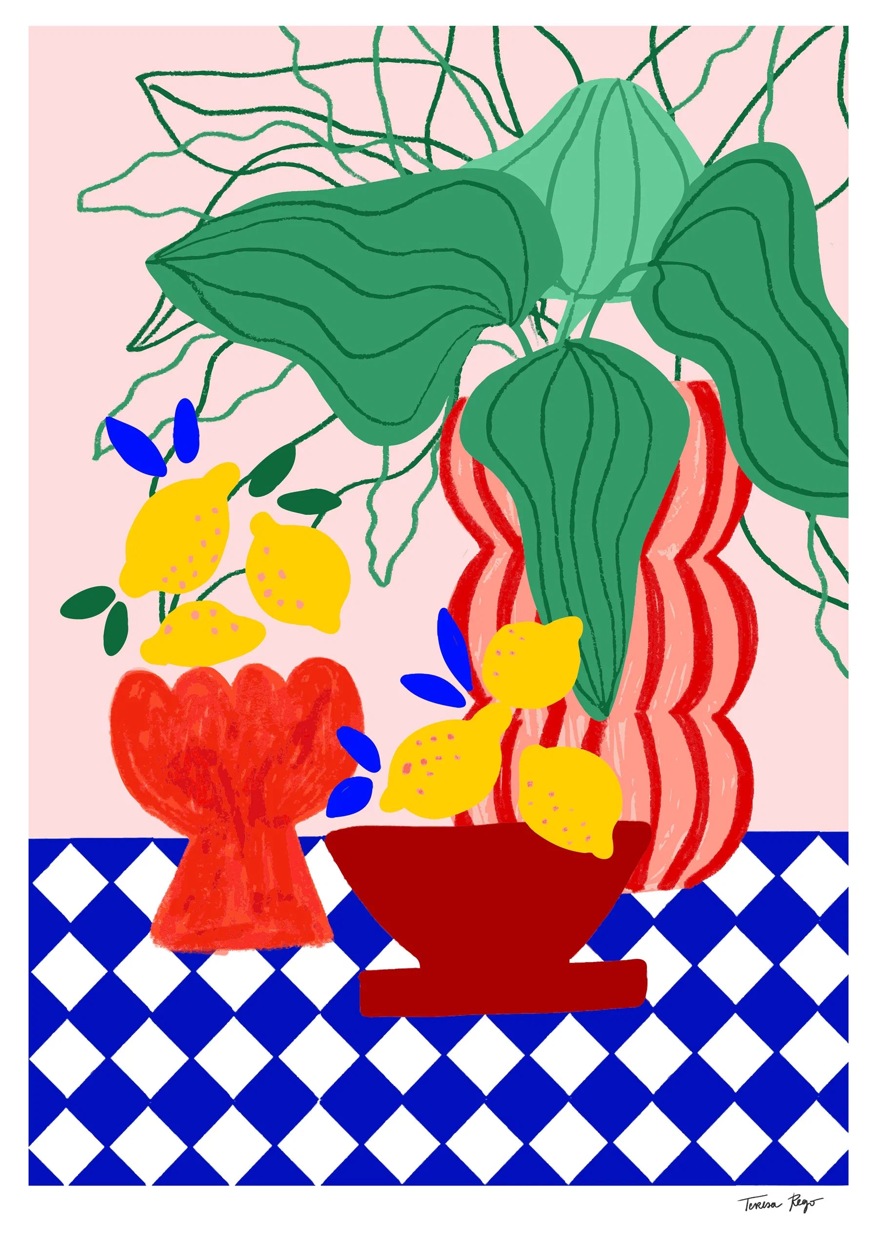 Vertical giclée art print by Teresa Rego featuring yellow lemons, green leaves, sculptural vases and blue-and-white Portuguese tiles in a bold contemporary style.