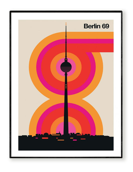 Berlin 69 by Bo Lundberg – 30x40 cm retro art print featuring the Berlin TV Tower with vibrant concentric circles in orange and pink, inspired by 1960s and 1970s graphic design. Minimalist geometric style, printed on FSC-certified paper in France, unframed, eco-friendly urban wall art for design and architecture lovers.