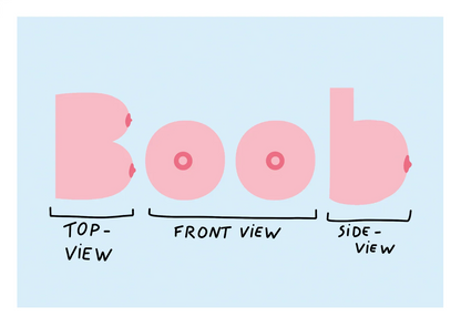 Boob View by Studio Stoutpoep, horizontal digital art print showing humorous pink breast diagrams from top, front and side views on a pale blue background, playful wall art for modern interiors.