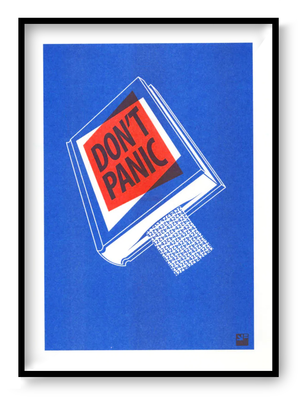 Risograph art print titled Book by VrijFormaat, featuring a blue book cover with bold red and black lettering reading “DON’T PANIC”, inspired by The Hitchhiker’s Guide to the Galaxy. Minimalist design printed in red and blue vegetable-based inks on Biotop paper, A4 size.
