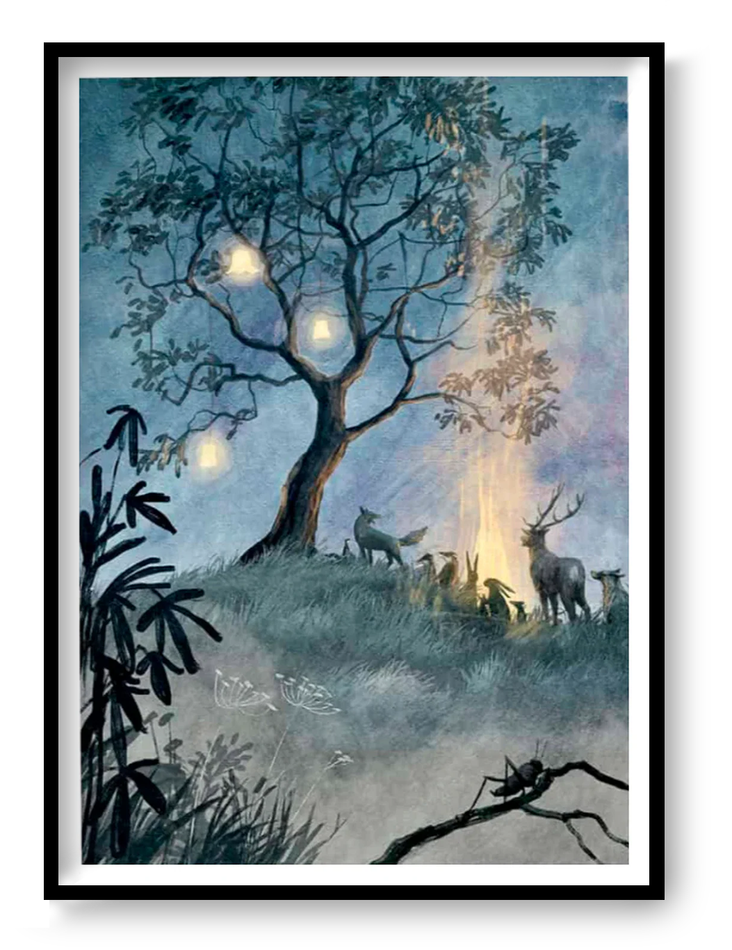 Dreamlike digital art print Boom by Belgian illustrator Stien van Kerckhoven, showing forest animals gathered around a glowing fire under a tree with lanterns — a magical night scene evoking peace, warmth, and wonder. Perfect wall art for cozy, nature-inspired interiors.