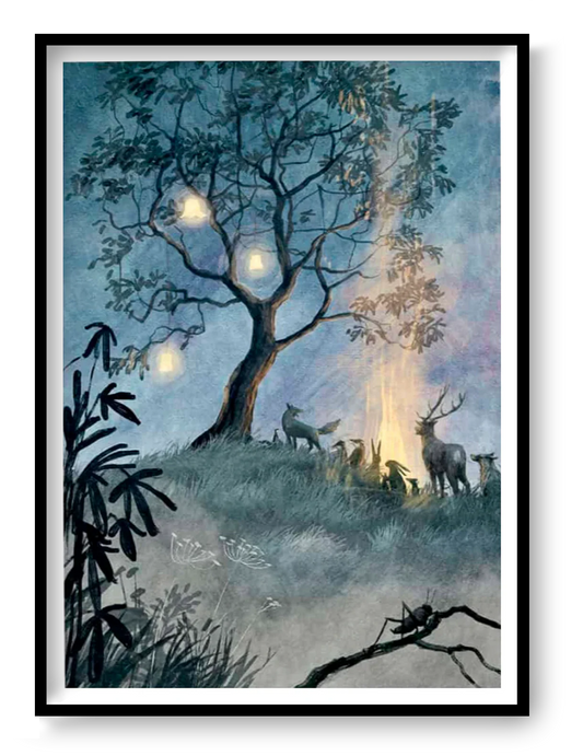 Dreamlike digital art print Boom by Belgian illustrator Stien van Kerckhoven, showing forest animals gathered around a glowing fire under a tree with lanterns — a magical night scene evoking peace, warmth, and wonder. Perfect wall art for cozy, nature-inspired interiors.