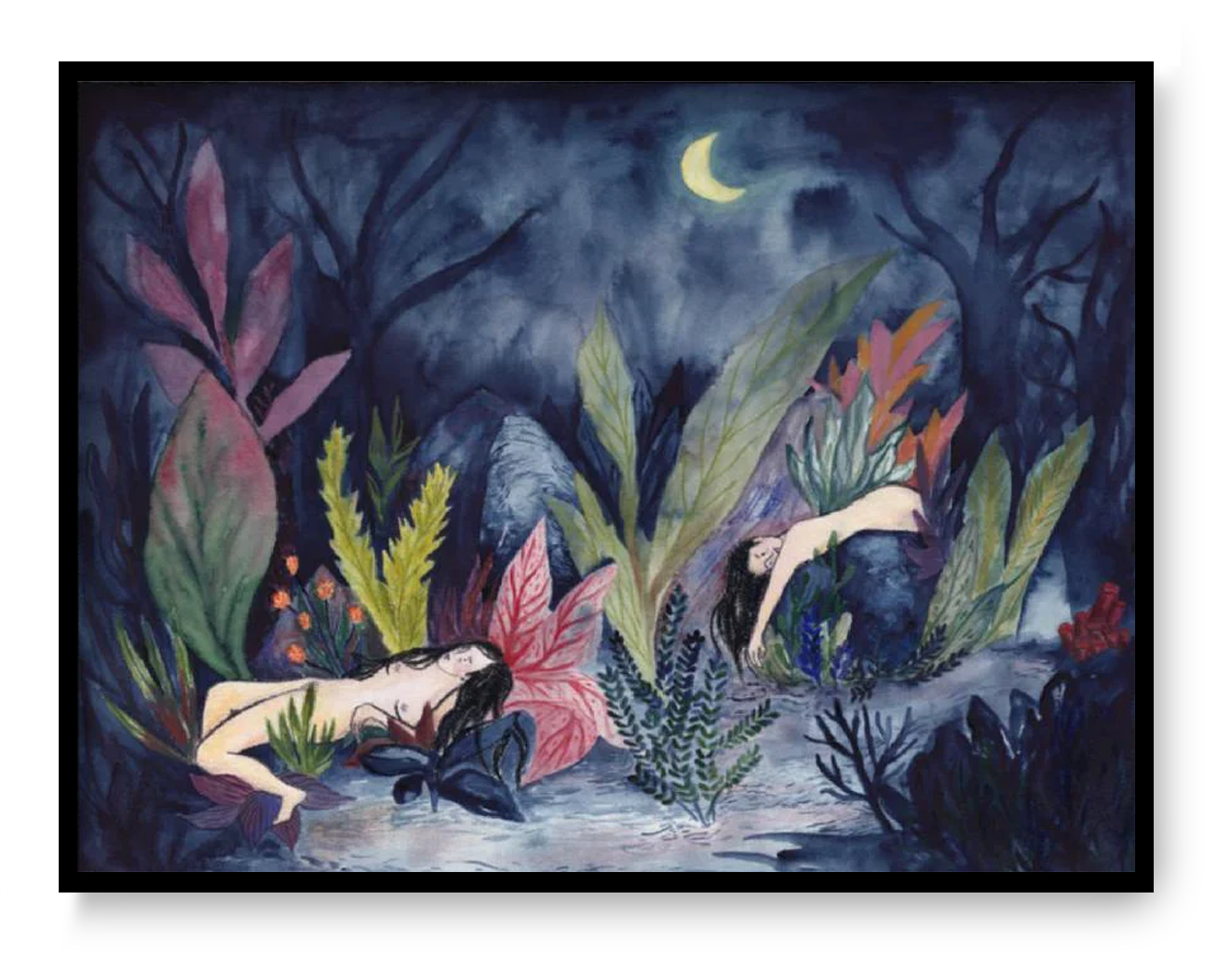 Watercolor art print "Moonlit Forest" by Kim Timmermans, depicting two nude women resting in a lush forest at night under a crescent moon. Surrounded by vibrant tropical foliage in deep blues and greens, creating a mysterious and atmospheric wall art piece.