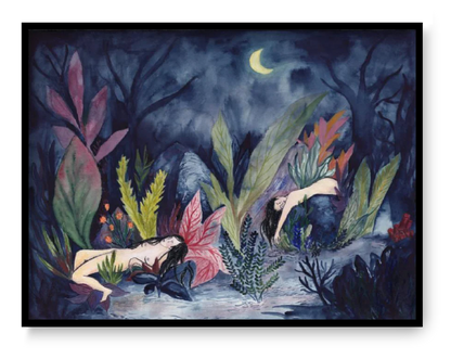 Watercolor art print "Moonlit Forest" by Kim Timmermans, depicting two nude women resting in a lush forest at night under a crescent moon. Surrounded by vibrant tropical foliage in deep blues and greens, creating a mysterious and atmospheric wall art piece.