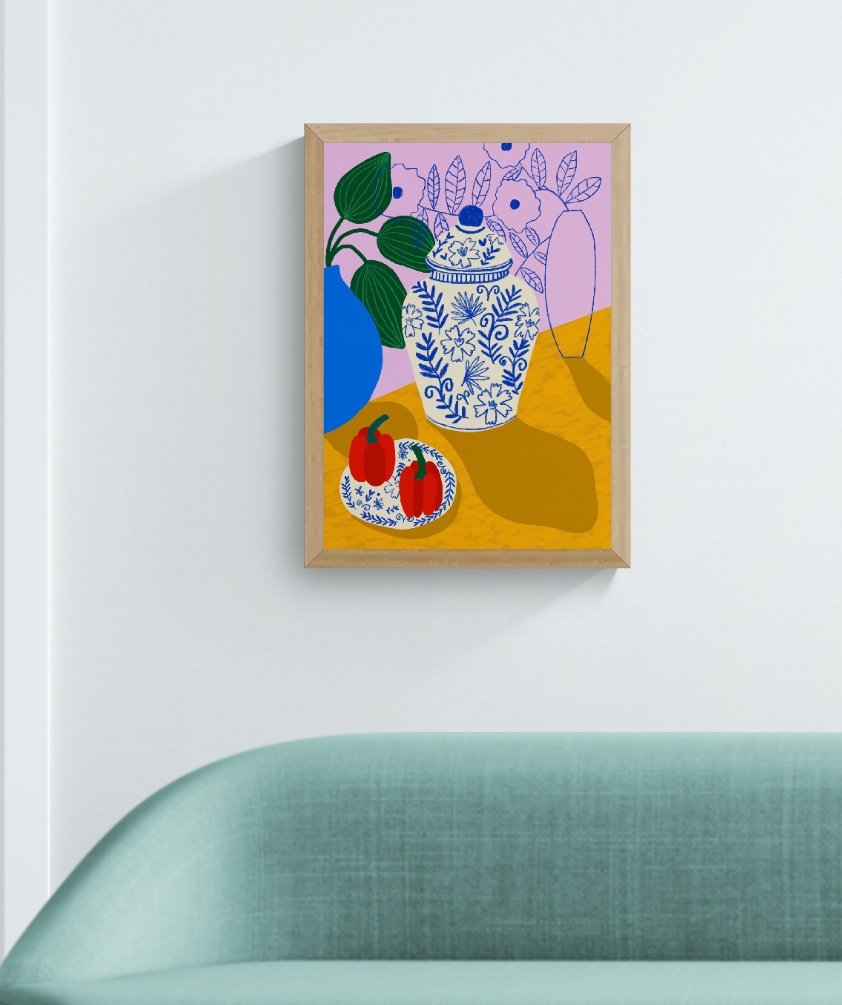 Colourful vertical still life by Teresa Rego featuring blue-and-white porcelain, red peppers and green leaves against pink and mustard tones, printed as an A3 giclée for kitchen or dining room wall art.