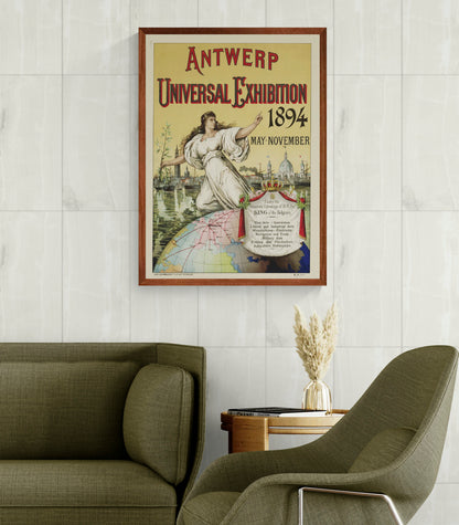 Vertical vintage Antwerp Universal Exhibition 1894 poster featuring an allegorical woman, harbour skyline, globe and ornate typography in red, gold and cream, digitally printed as historical wall art.