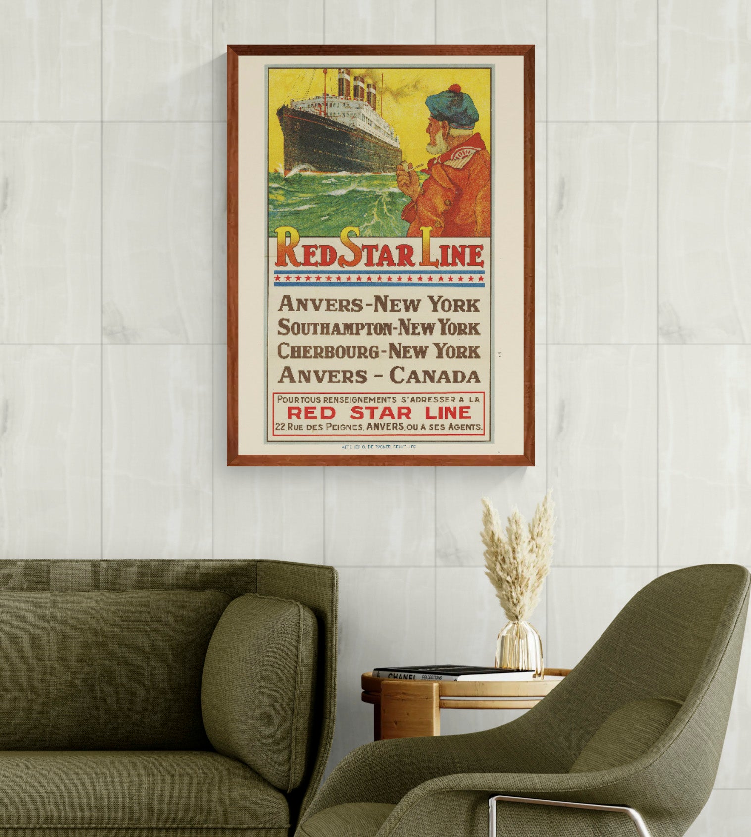 Vintage Red Star Line travel poster by Henri Cassiers featuring the ocean liner Belgenland, a sailor and Antwerp to New York routes in yellow, red and green, printed vertically as maritime wall art.