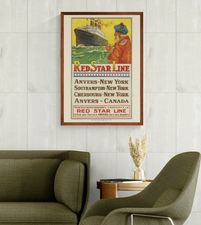 Vintage Red Star Line travel poster by Henri Cassiers featuring the ocean liner Belgenland, a sailor and Antwerp to New York routes in yellow, red and green, printed vertically as maritime wall art.