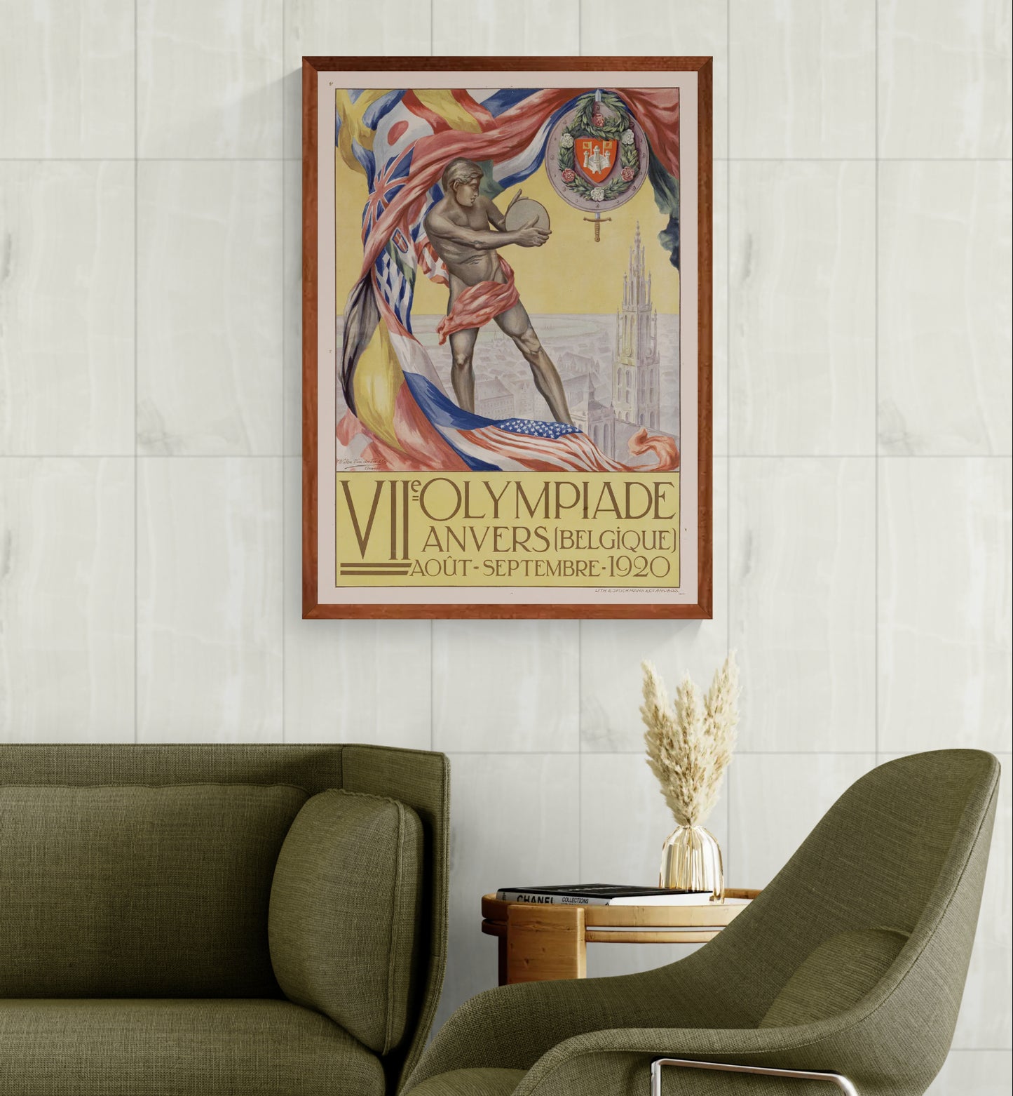 Vertical digital reproduction of the 1920 Antwerp Olympics poster featuring a classical athlete, international flags and Antwerp Cathedral in a colourful vintage Art Deco style for historical wall decor.