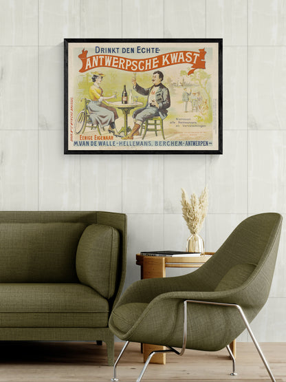 Vintage Antwerpse Kwast advertising poster by Léon Belloguet showing a man and woman drinking at a café table, with red, blue and yellow tones. Horizontal digital print for kitchen, dining room or vintage wall decor.