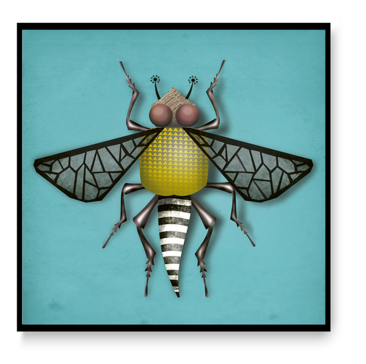 Square art print “Brigitte Bug” by Studio Frits, colorful insect illustration with geometric shapes, modern graphic wall art for contemporary home decor.