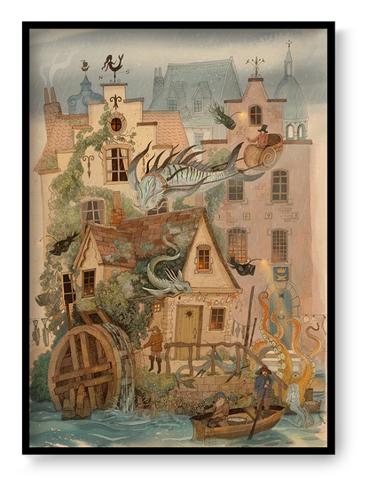 Fantasy-style illustration of Bruges by Lena Yampolski with magical creatures, dragons, octopus tentacles and charming Belgian houses – high-quality Giclée print available in A4 and A3, perfect wall decor for folklore and fantasy art lovers.