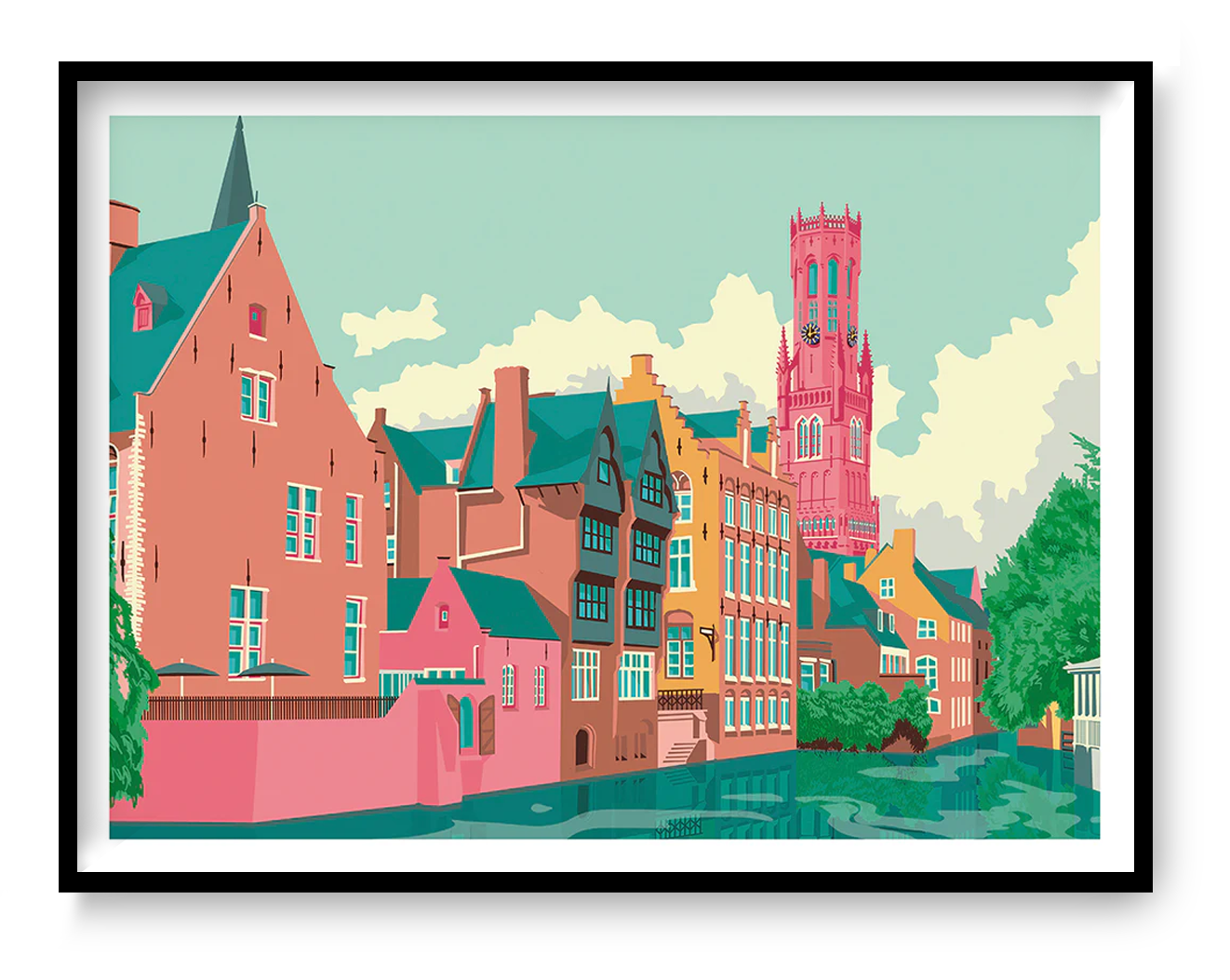 Bruges Rozenhoedkaai art print by Studio Frits – colorful modern illustration of historic buildings and canal in Bruges, Belgium, featuring vibrant architecture and the iconic Belfry tower, perfect for travel lovers and European cityscape wall decor, available at Galerie Frits