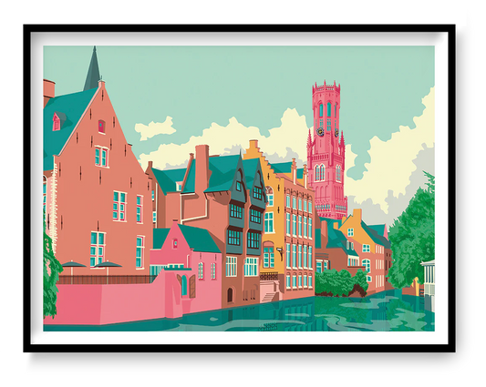 Bruges Rozenhoedkaai art print by Studio Frits – colorful modern illustration of historic buildings and canal in Bruges, Belgium, featuring vibrant architecture and the iconic Belfry tower, perfect for travel lovers and European cityscape wall decor, available at Galerie Frits