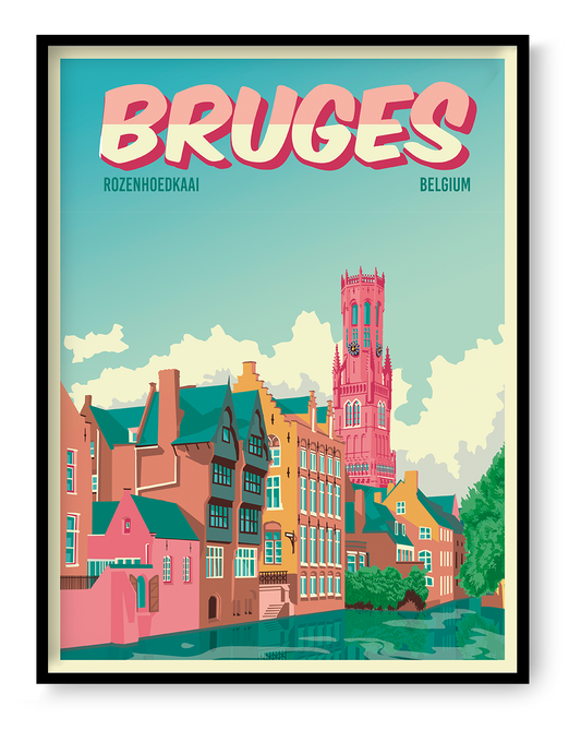 Bruges Rozenhoedkaai poster by Studio Frits showing iconic canal houses and Belfry tower in Bruges Belgium, colorful travel wall art for home or office decor