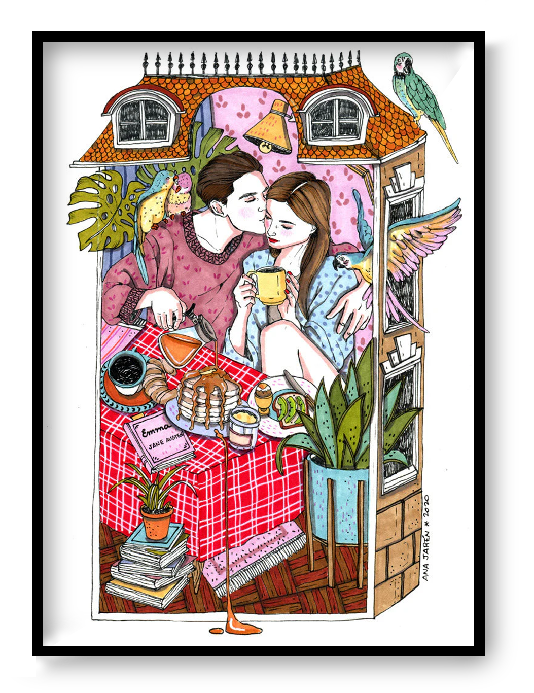 Romantic illustration by Ana Jarén of a couple sharing brunch in bed, surrounded by tropical plants, birds, and cozy details – A4 art print on acid-free paper, perfect for lovers of intimate, everyday life scenes.