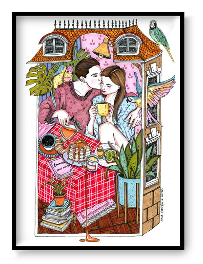 Romantic illustration by Ana Jarén of a couple sharing brunch in bed, surrounded by tropical plants, birds, and cozy details – A4 art print on acid-free paper, perfect for lovers of intimate, everyday life scenes.