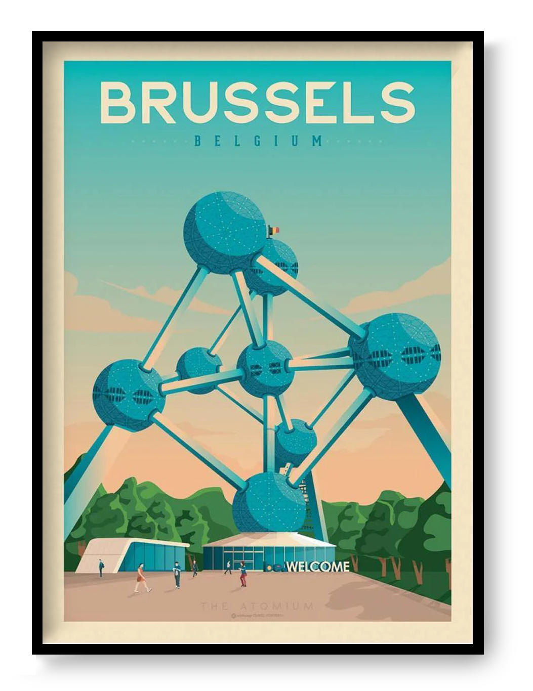 Vintage-style Brussels travel poster by Olahoop Travel Posters featuring the Atomium under a pastel sky. Retro digital art print in turquoise and orange tones, perfect wall decor for travelers and design enthusiasts. Printed in France, size 50x70 cm.
