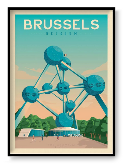 Vintage-style Brussels travel poster by Olahoop Travel Posters featuring the Atomium under a pastel sky. Retro digital art print in turquoise and orange tones, perfect wall decor for travelers and design enthusiasts. Printed in France, size 50x70 cm.
