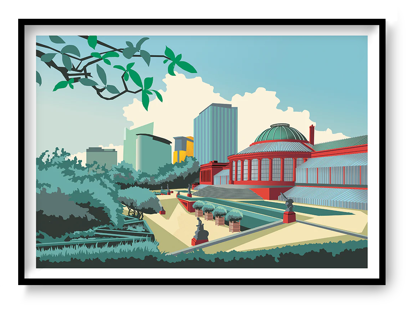 Brussels Botanique art print by Studio Frits – colorful illustration of the iconic botanical garden and greenhouse in Brussels, Belgium, blending lush greenery with modern architecture, perfect wall decor for nature and travel enthusiasts, available at Galerie Frits