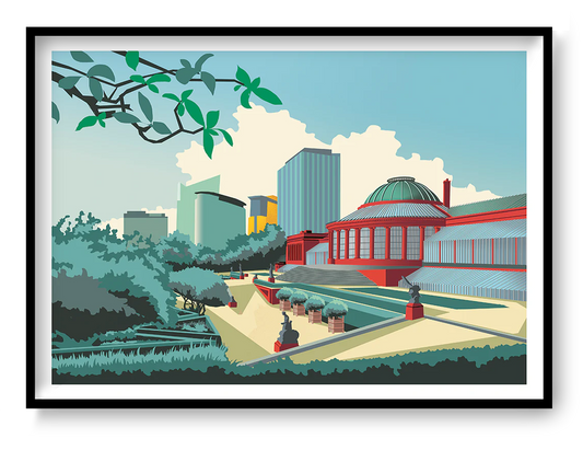 Brussels Botanique art print by Studio Frits – colorful illustration of the iconic botanical garden and greenhouse in Brussels, Belgium, blending lush greenery with modern architecture, perfect wall decor for nature and travel enthusiasts, available at Galerie Frits