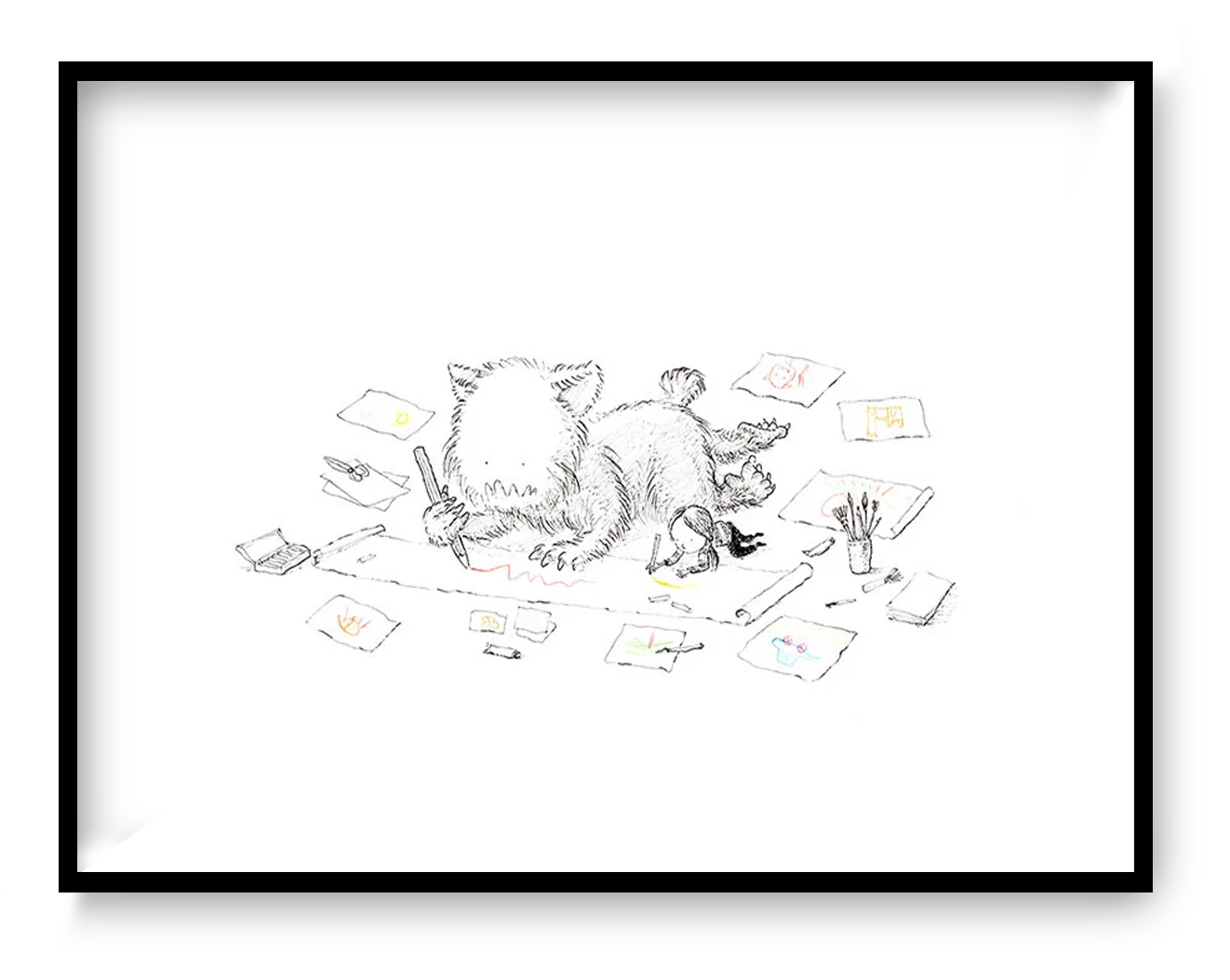 Minimalist illustration by Willy Leung featuring a fluffy monster and a little girl drawing on the floor, surrounded by papers – A4 giclée print on premium Hahnemühle Photo Rag paper, signed by the artist.