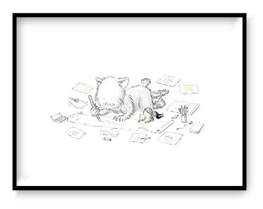 Minimalist illustration by Willy Leung featuring a fluffy monster and a little girl drawing on the floor, surrounded by papers – A4 giclée print on premium Hahnemühle Photo Rag paper, signed by the artist.