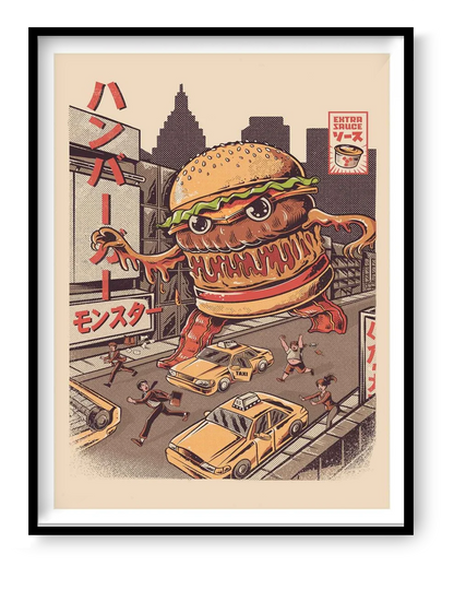 Burgerzilla by Illustrata – 30x40 cm retro pop art print featuring a giant anthropomorphic hamburger Kaiju monster rampaging through a city with taxis and fleeing people. Vintage Japanese poster style, warm retro color palette, FSC-certified eco paper, printed in France, unframed wall art for fans of comics, cult cinema, and quirky illustrations.