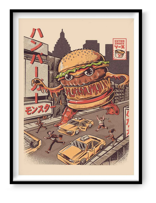 Burgerzilla by Illustrata – 30x40 cm retro pop art print featuring a giant anthropomorphic hamburger Kaiju monster rampaging through a city with taxis and fleeing people. Vintage Japanese poster style, warm retro color palette, FSC-certified eco paper, printed in France, unframed wall art for fans of comics, cult cinema, and quirky illustrations.