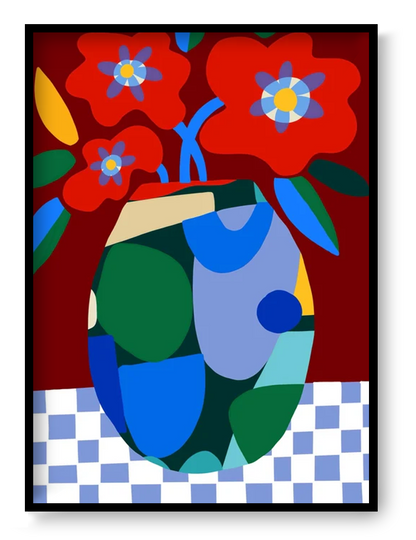 Burgundy on Check by Teresa Rego – colorful abstract floral art print with red flowers in a geometric vase on a checkered tablecloth, bold contemporary design perfect for modern home decor, available at Galerie Frits