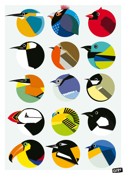 Circle Birds by Gert Paenen, colorful geometric bird illustration art print featuring 15 stylized birds inside circular compositions, modern graphic wall art print for contemporary interiors and design lovers