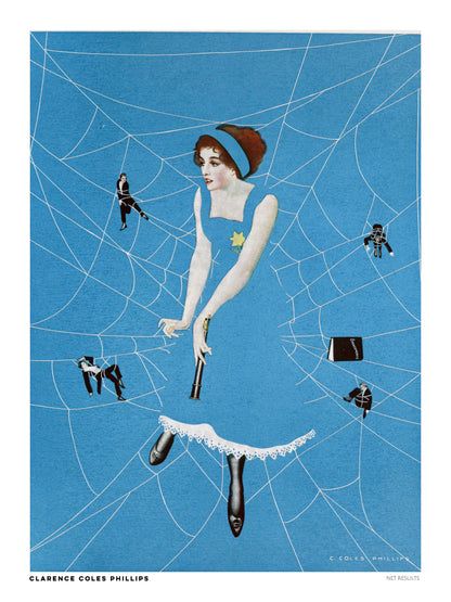 Vintage-style digital art print of Net Results by Clarence Coles Phillips, featuring a woman in a blue dress surrounded by white spiderwebs and tiny figures. Bold blue vertical artwork for eclectic wall decor.