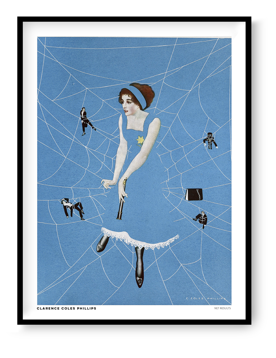 Vintage-style digital art print of Net Results by Clarence Coles Phillips, featuring a woman in a blue dress surrounded by white spiderwebs and tiny figures. Bold blue vertical artwork for eclectic wall decor.