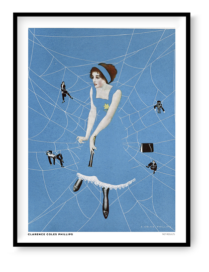Vintage-style digital art print of Net Results by Clarence Coles Phillips, featuring a woman in a blue dress surrounded by white spiderwebs and tiny figures. Bold blue vertical artwork for eclectic wall decor.