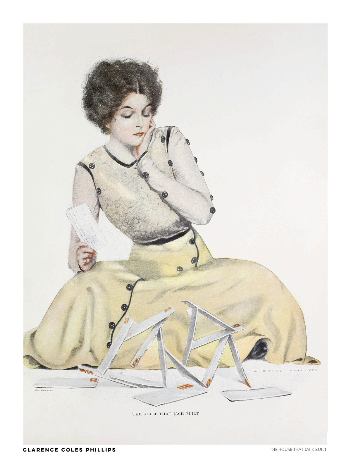 Vintage illustration by Clarence Coles Phillips showing a seated woman in a pale yellow dress holding a letter beside a collapsed house of cards. Soft pastel colors, Edwardian style, vertical digital wall art print.