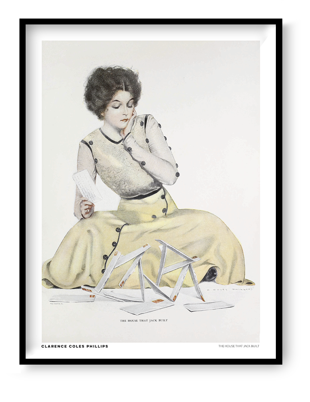 Vintage illustration by Clarence Coles Phillips showing a seated woman in a pale yellow dress holding a letter beside a collapsed house of cards. Soft pastel colors, Edwardian style, vertical digital wall art print.