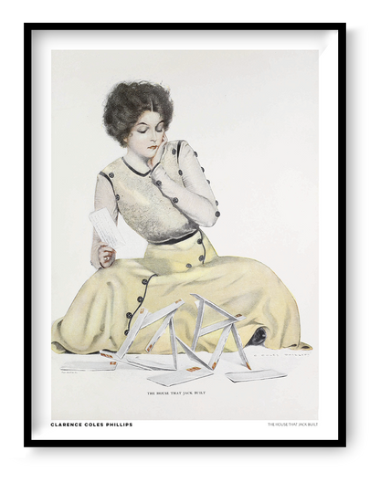 Vintage illustration by Clarence Coles Phillips showing a seated woman in a pale yellow dress holding a letter beside a collapsed house of cards. Soft pastel colors, Edwardian style, vertical digital wall art print.