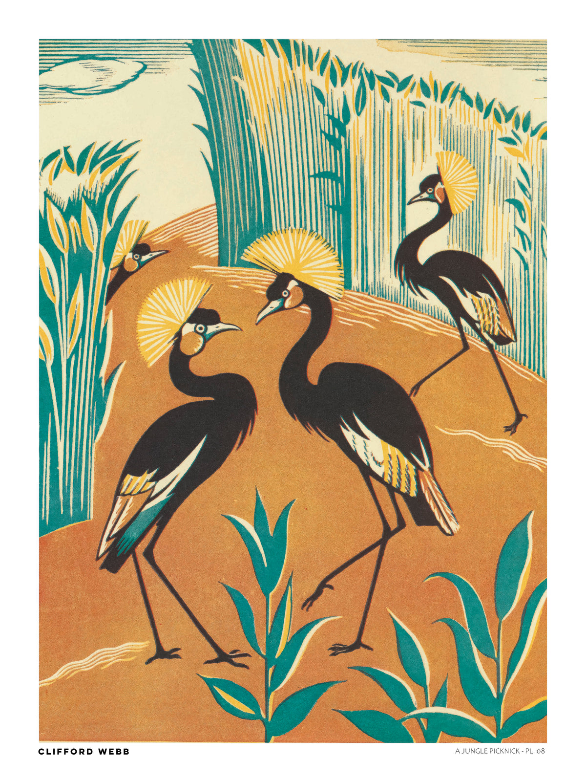 Vintage-style vertical illustration of four black crowned cranes with golden feather crests among teal reeds and warm orange earth. A Jungle Picknick by Clifford Webb, reproduced as a digital wall art print.