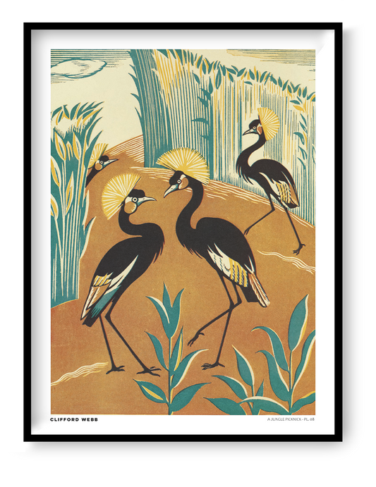 Vintage-style vertical illustration of four black crowned cranes with golden feather crests among teal reeds and warm orange earth. A Jungle Picknick by Clifford Webb, reproduced as a digital wall art print.