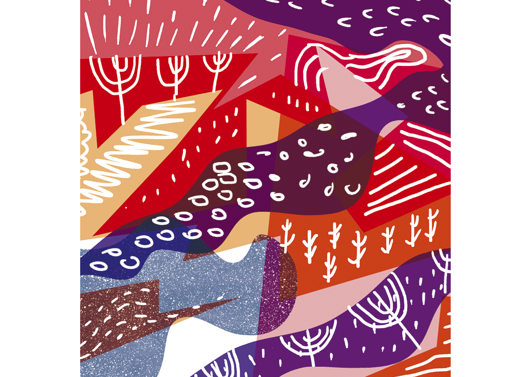 Landscape 1 by Gert Paenen, colorful abstract landscape art print featuring flowing organic shapes, vibrant red, purple, orange, turquoise and green tones, modern graphic illustration for contemporary wall decor, small 13x18 cm art print for home, office and creative interiors.