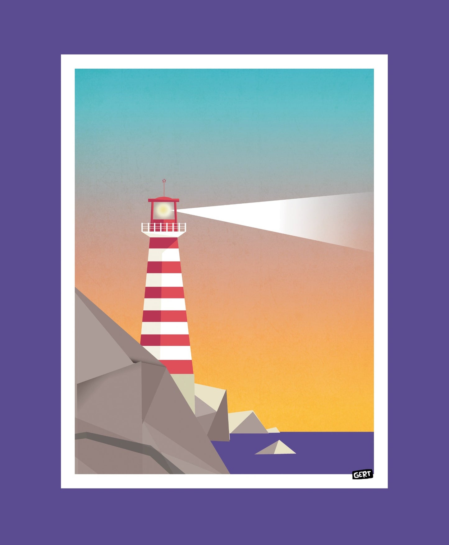 Lighthouse 1 by Gert Paenen digital art print featuring a red and white striped lighthouse on a rocky coastline at sunset, with a bright lighthouse beam, geometric landscape forms, minimalist coastal wall art for modern interiors.