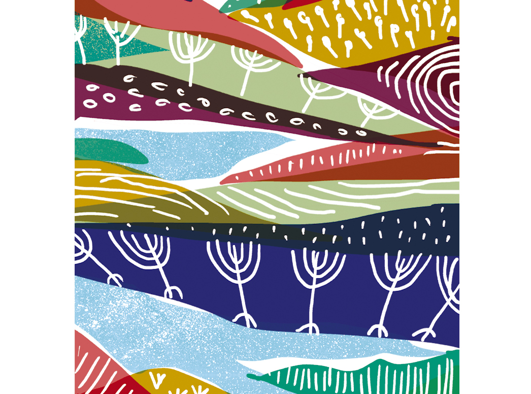 Landscape 2 by Gert Paenen, colourful abstract landscape art print featuring layered hills, stylised trees, flowing shapes and vibrant graphic patterns in blue, red, green, yellow and purple tones, contemporary wall art for modern interiors.