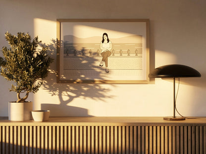 Risograph art print titled “Happy” by Studio Stoutpoep, A2 contemporary monochrome illustration featuring a seated woman in a graphic minimalist style, printed with eco-friendly soy-based inks, modern statement wall art for design interiors.