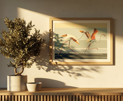 Contemporary A3 art print titled Take off by Belgian duo Floor 4 Productions. Features two flamingos mid-run across a stylized water surface with bold pastel tones and geometric lines. Printed on 300g paper, perfect for colorful and energetic home decor.