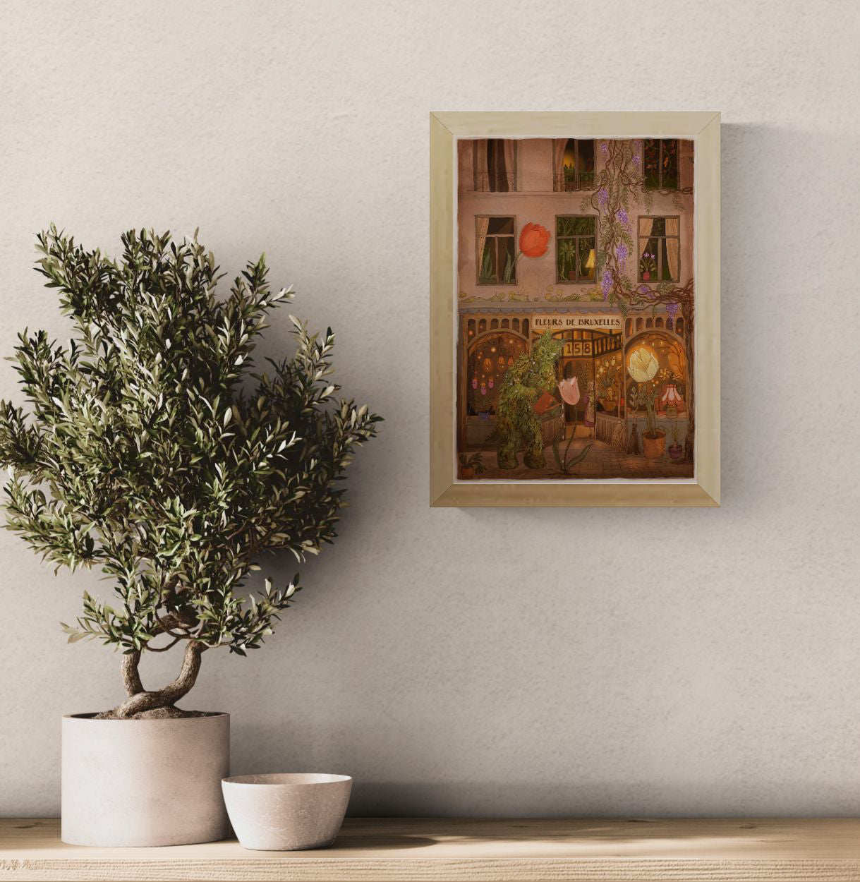 Whimsical Green Man in Brussels illustration by Lena Yampolski featuring a flower shop, oversized tulips, glowing windows, and climbing wisteria in warm earthy tones, vertical giclée art print ideal for living room, hallway, or reading nook decor.