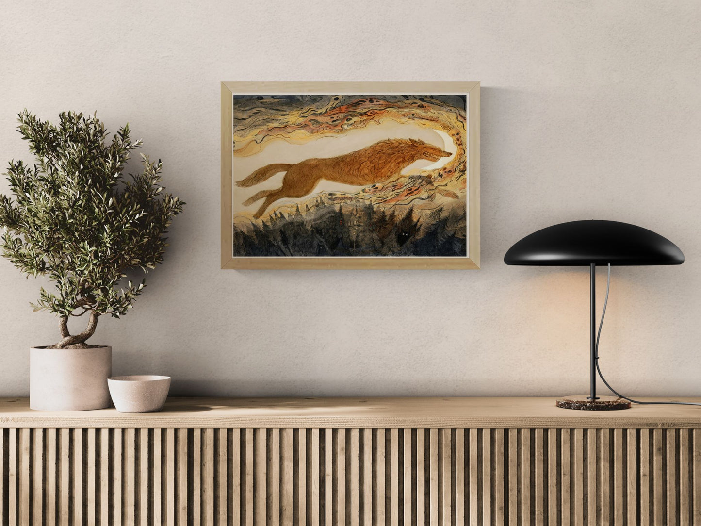Fantasy art print by Lena Yampolski showing Fenrir the Wolf stealing the moon, surrounded by swirling mythological shapes and a dark forest — atmospheric giclée print for lovers of folklore and fantasy art.